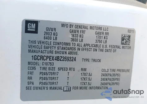 2011 Chevrolet Silverado 1500 Work Truck z USA, uszkodzony, nr VIN 1GCRCPEX4BZ269324